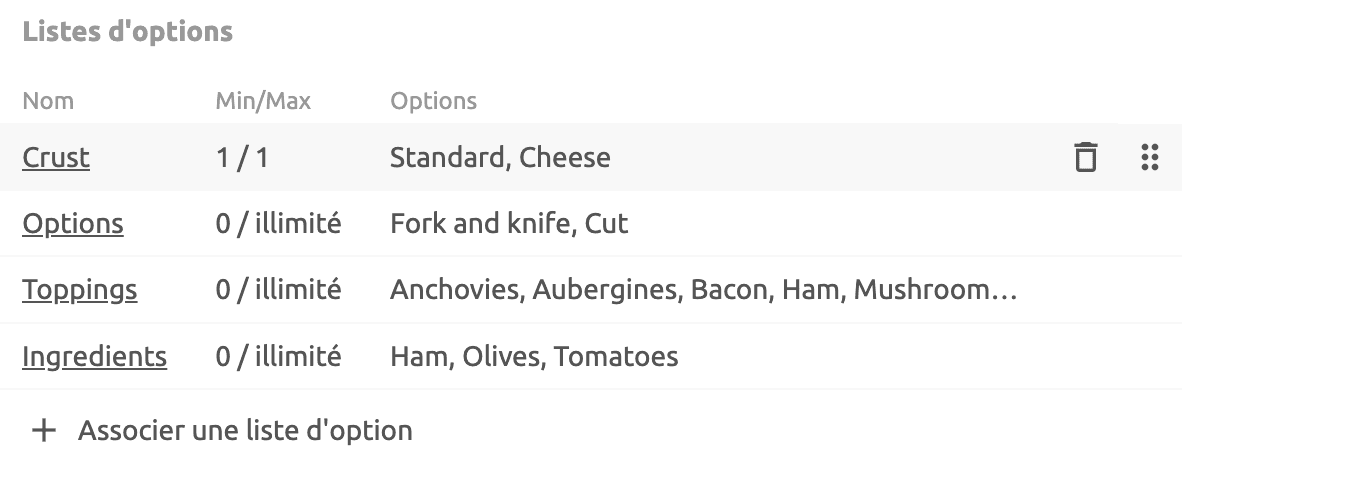 Faire glisser la liste d'options Catalog Manager