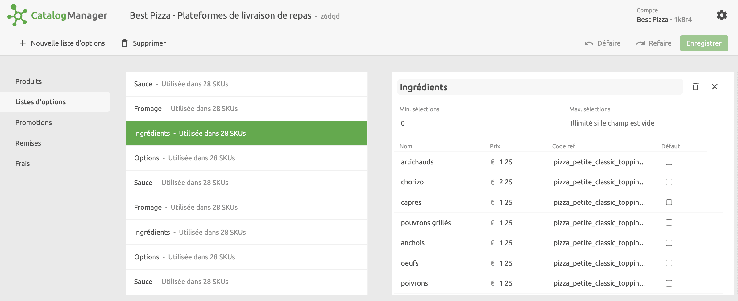 Liste d'options Catalog Manager
