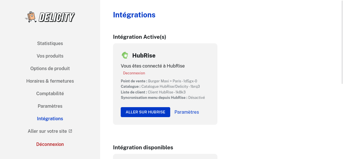 Déconnexion d'HubRise sur Delicity