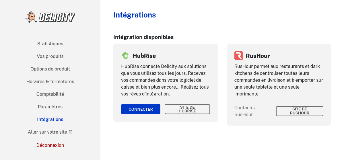 Connexion HubRise sur Delicity
