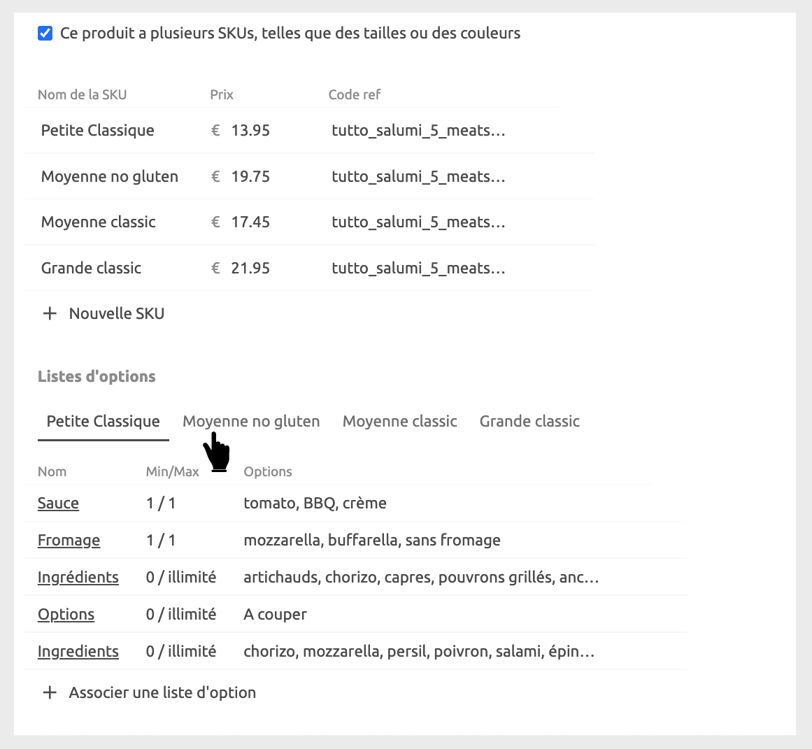 Ajouter une liste d'options Catalog Manager
