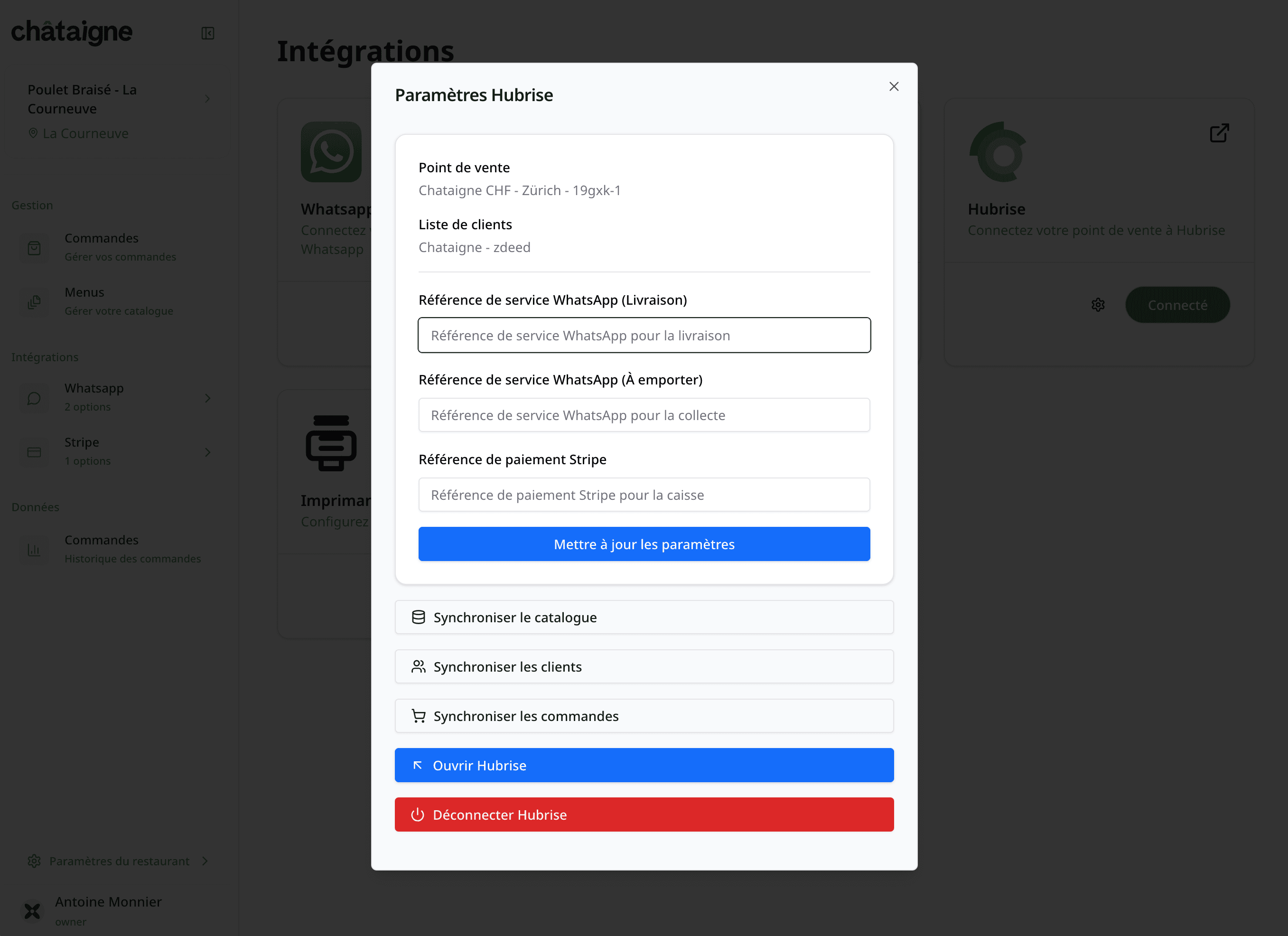 Châtaigne's HubRise configuration page