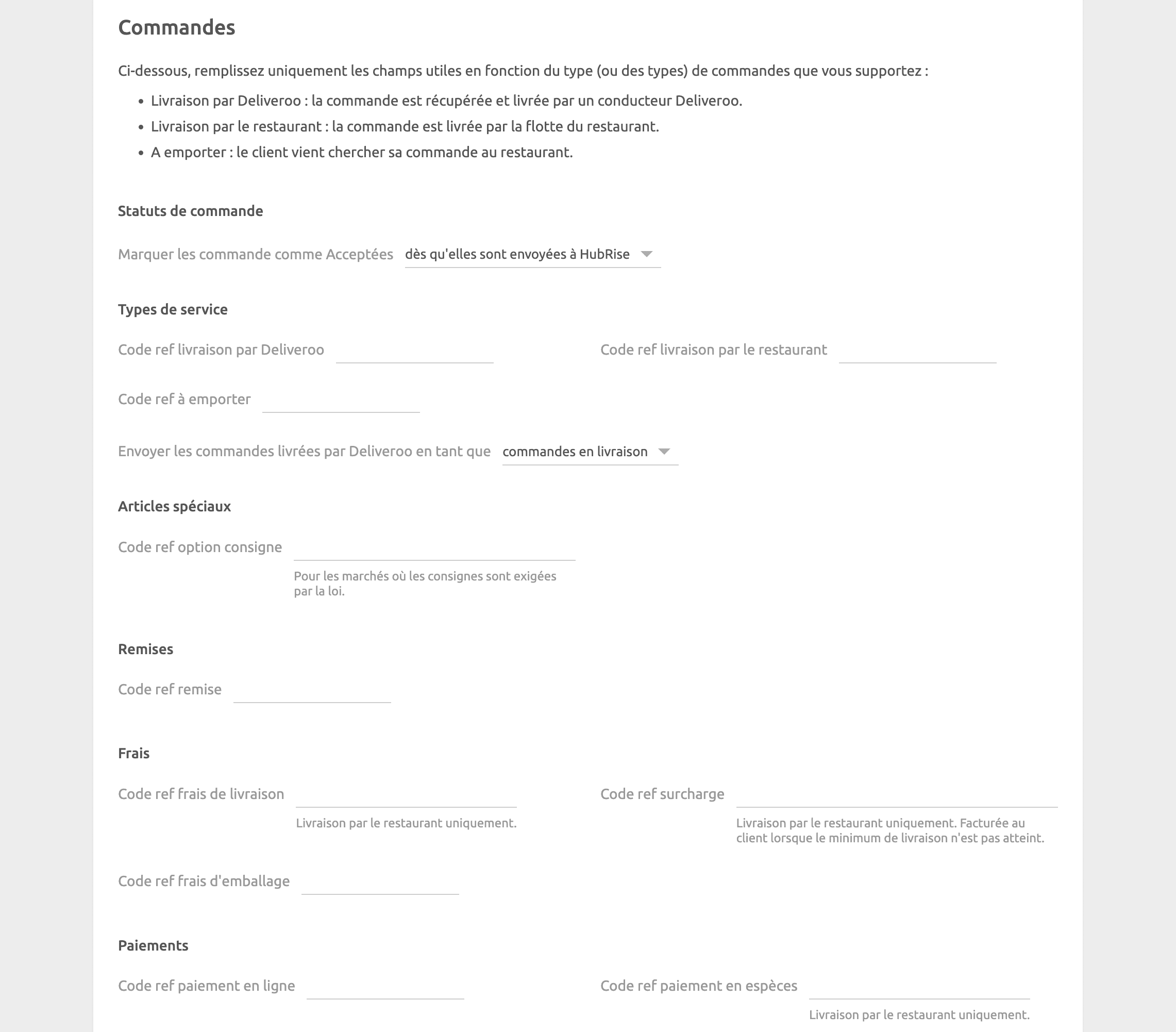 Page de configuration de Deliveroo Bridge, section Commandes