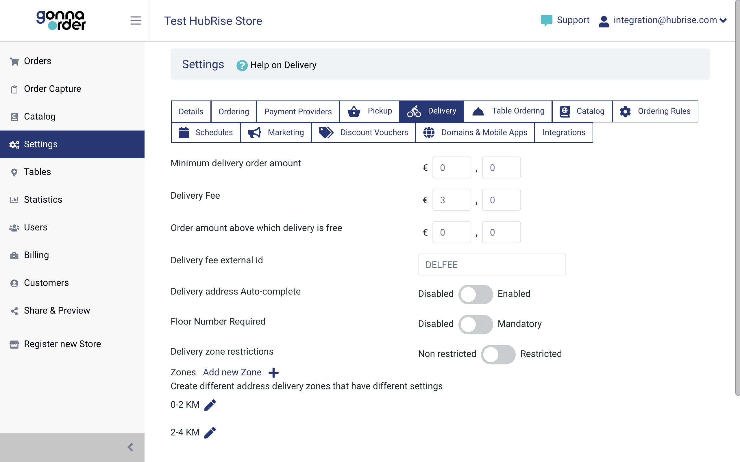 Configuring delivery fees ref codes from the GonnaOrder back office