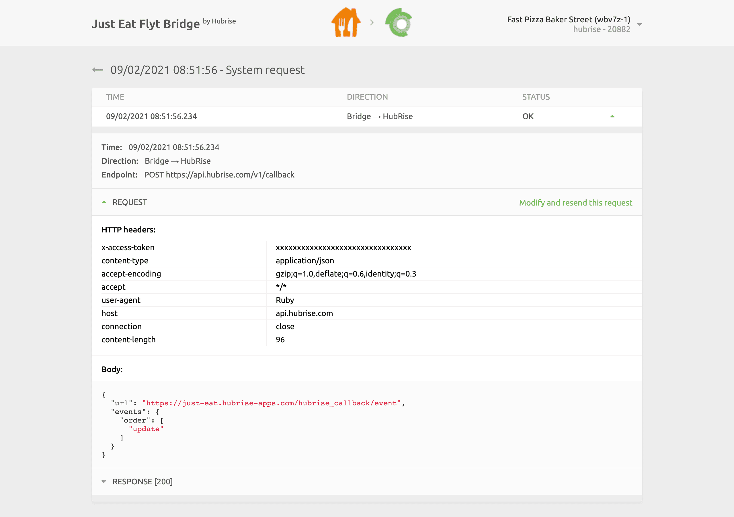 System request page on Just Eat Flyt Bridge