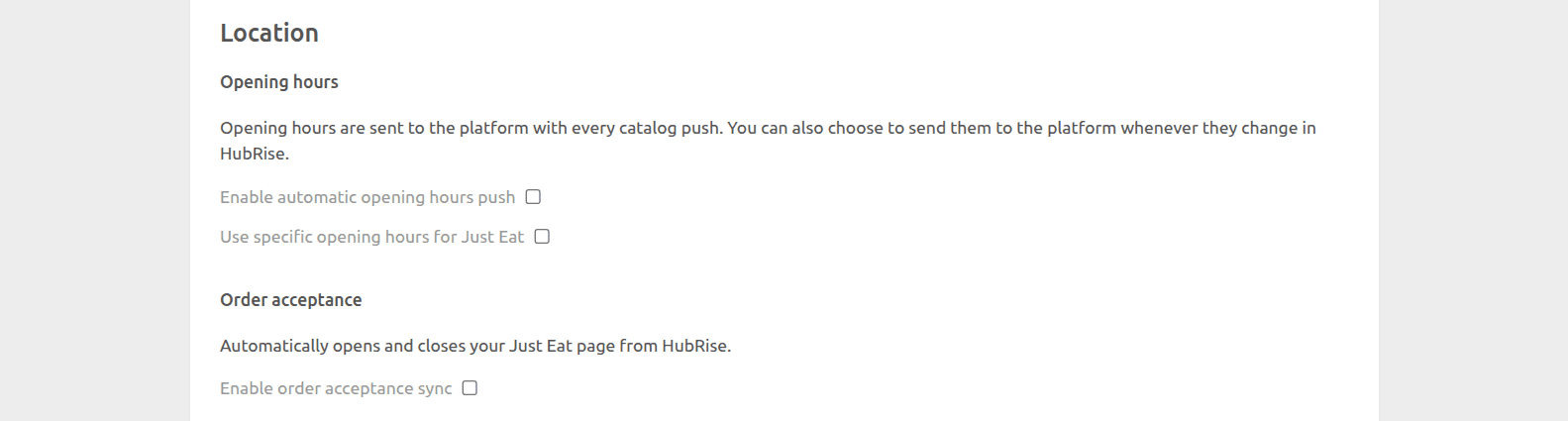 Just Eat Flyt Bridge configuration page, Location section
