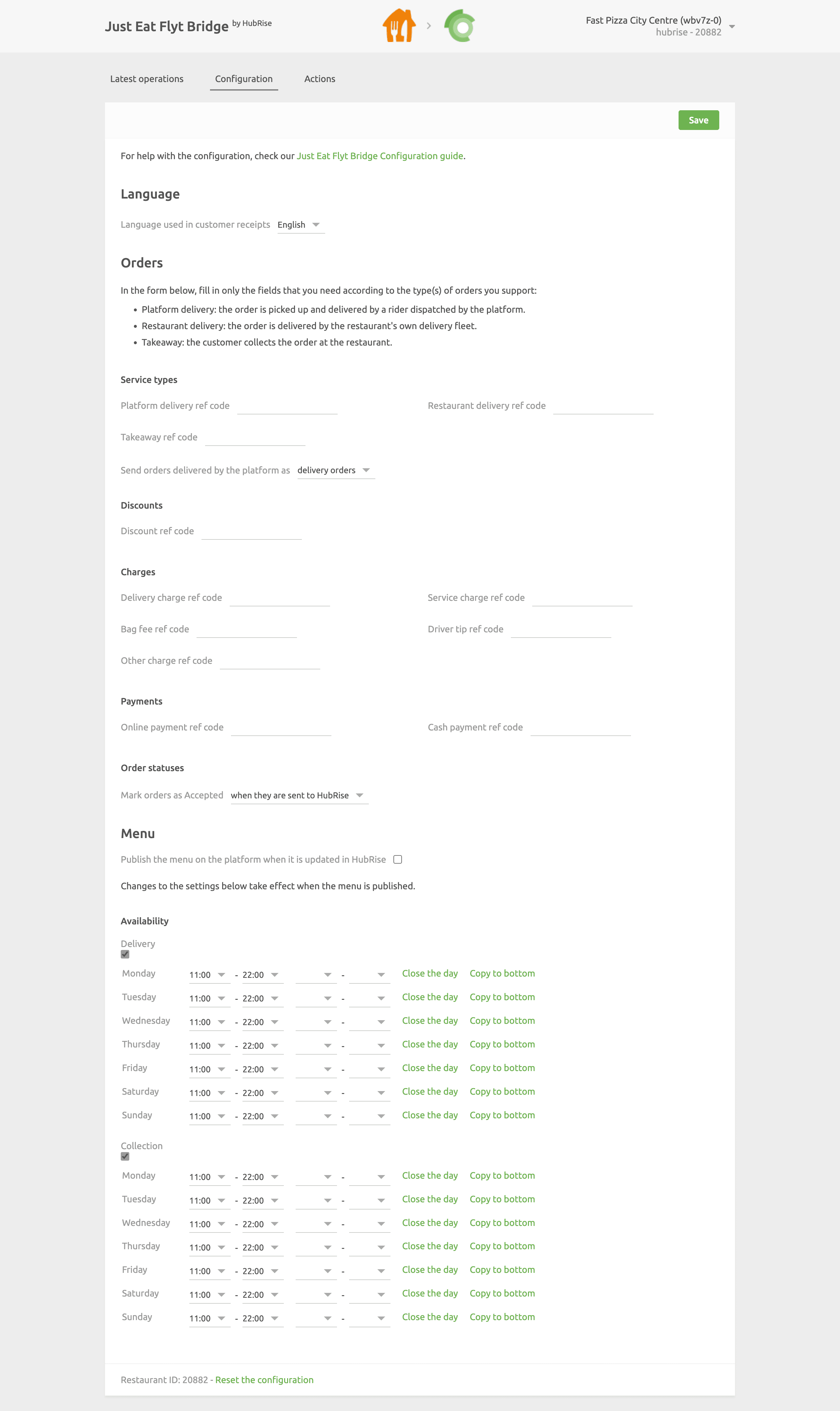 Just Eat Flyt Bridge configuration page