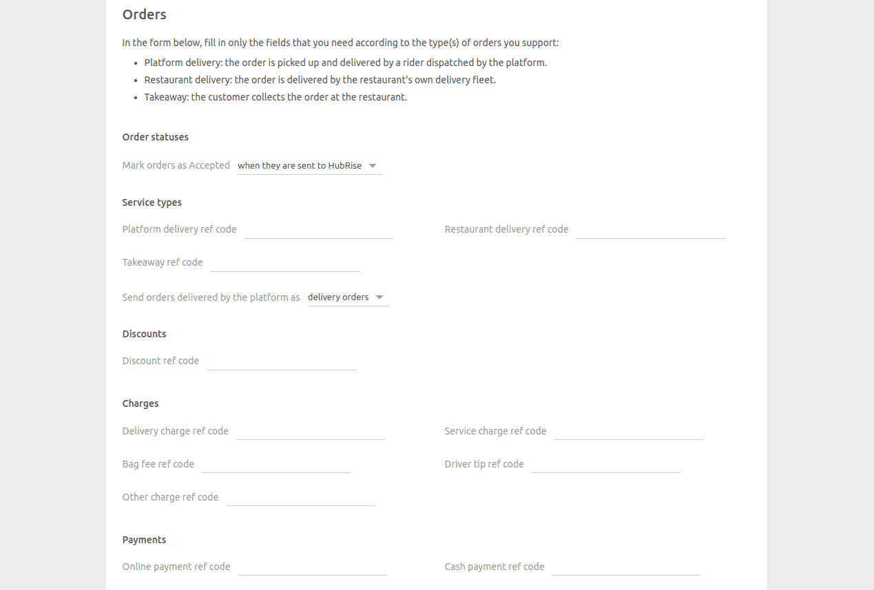 Just Eat Flyt Bridge configuration page, Orders section