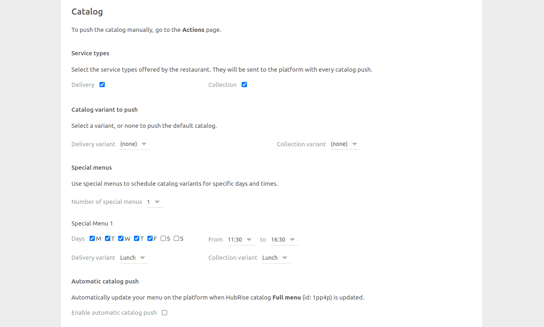 Just Eat Flyt Bridge configuration page, Catalog section