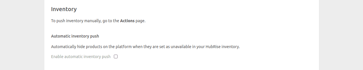 Just Eat Flyt Bridge configuration page, Inventory section