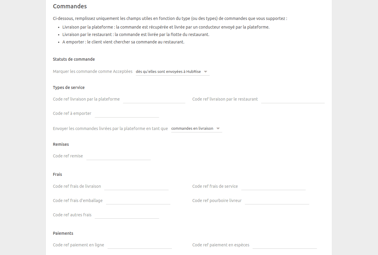 Page de configuration Just Eat Flyt Bridge, section Commandes
