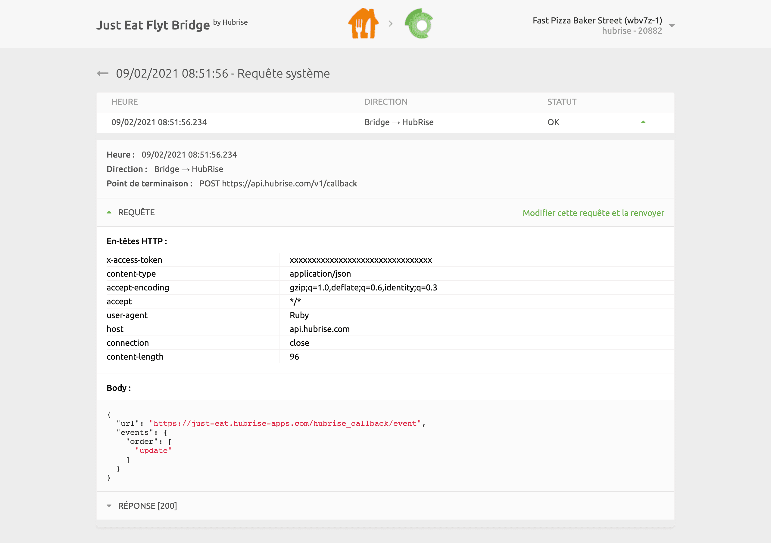 Page de requête système sur Just Eat Flyt Bridge