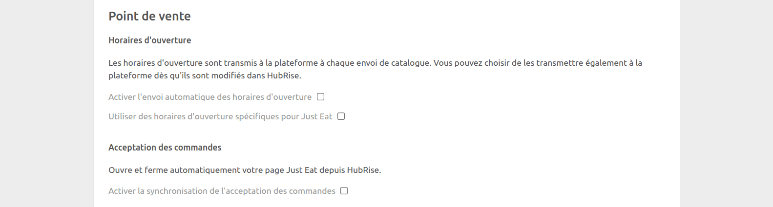 Page de configuration Just Eat Flyt Bridge, section Point de vente