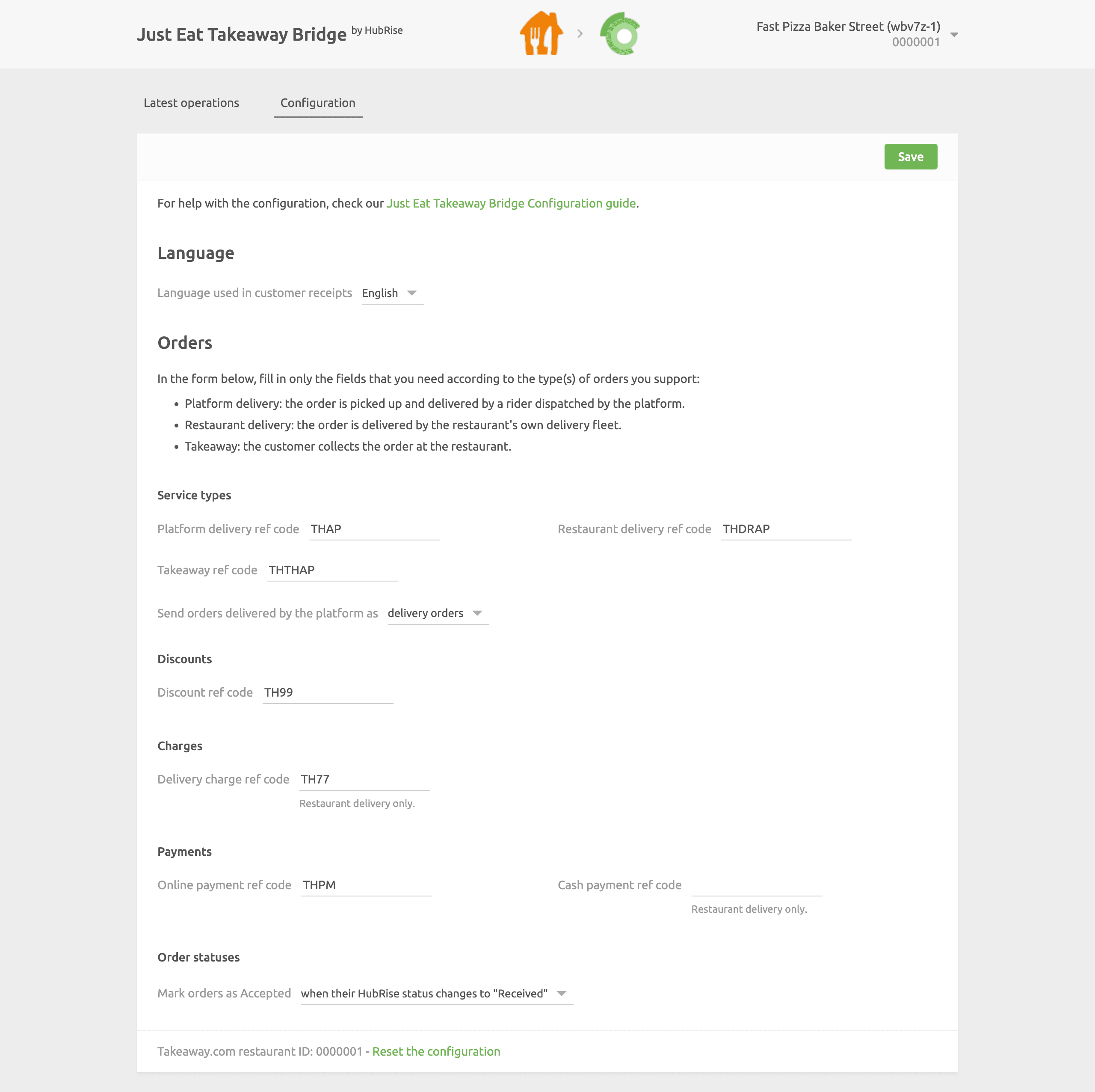 Just Eat Takeaway Bridge configuration page