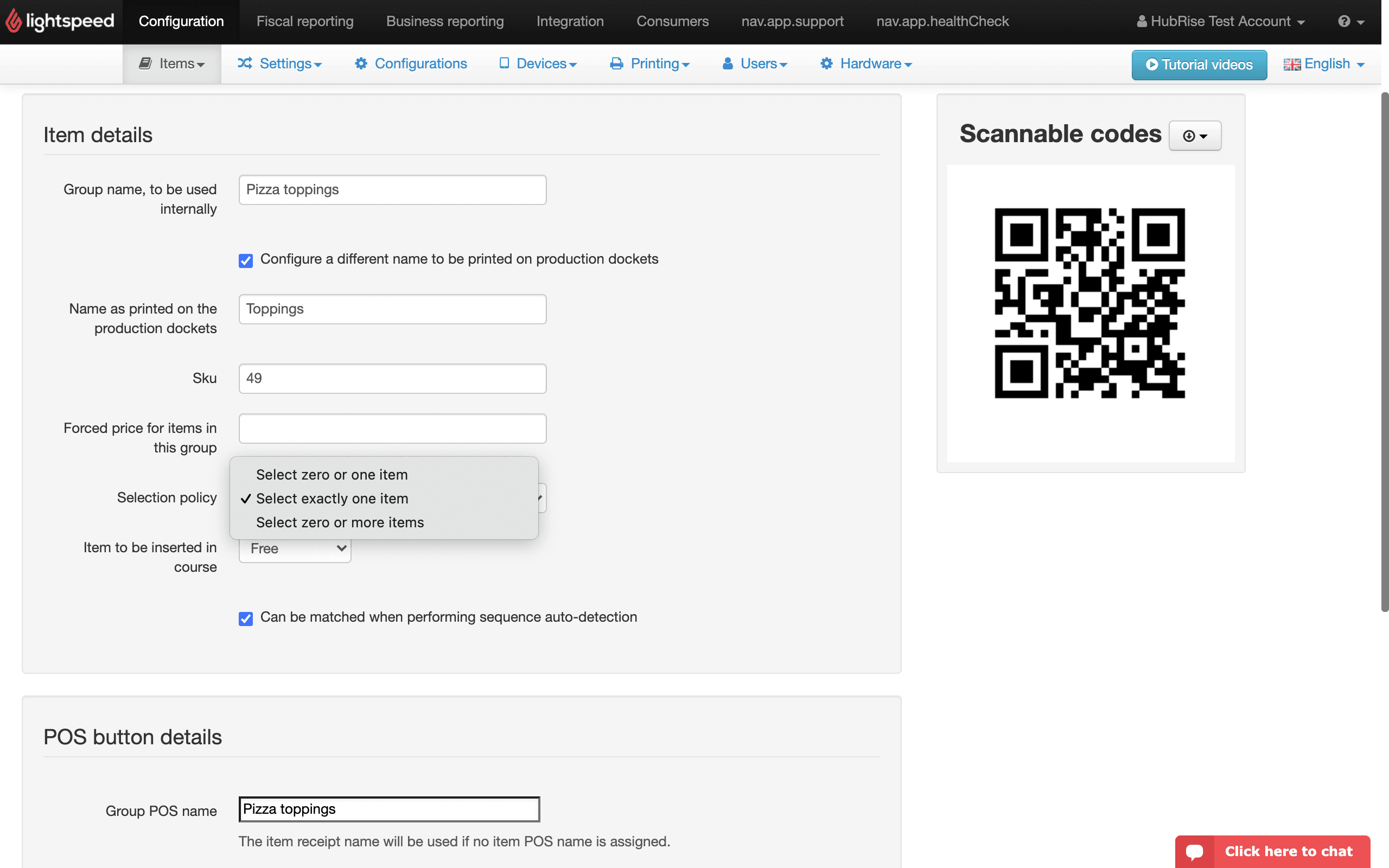 Selection policy in the Lightspeed back office