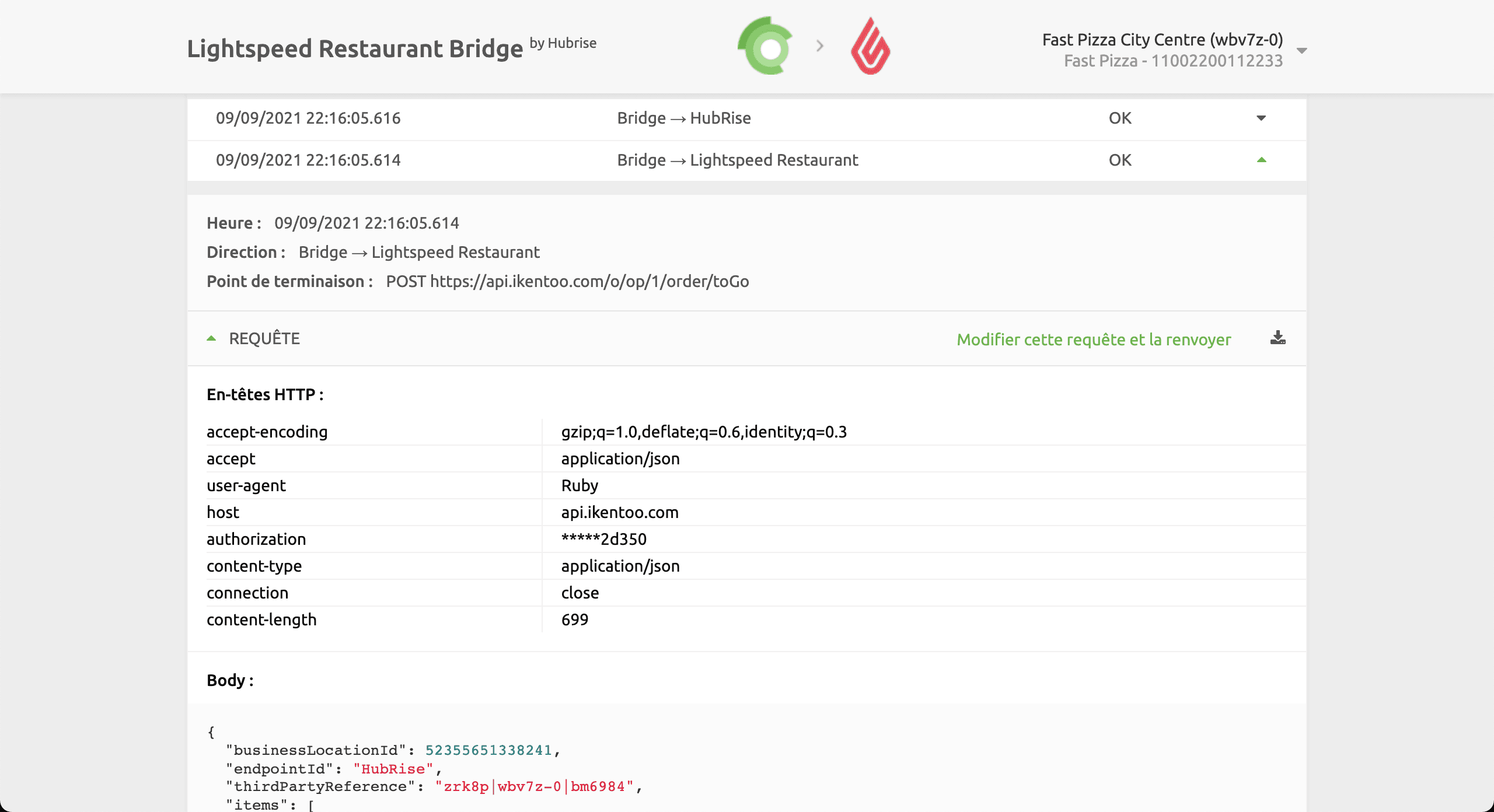 Renvoyer la requête de commande à Lightspeed Restaurant