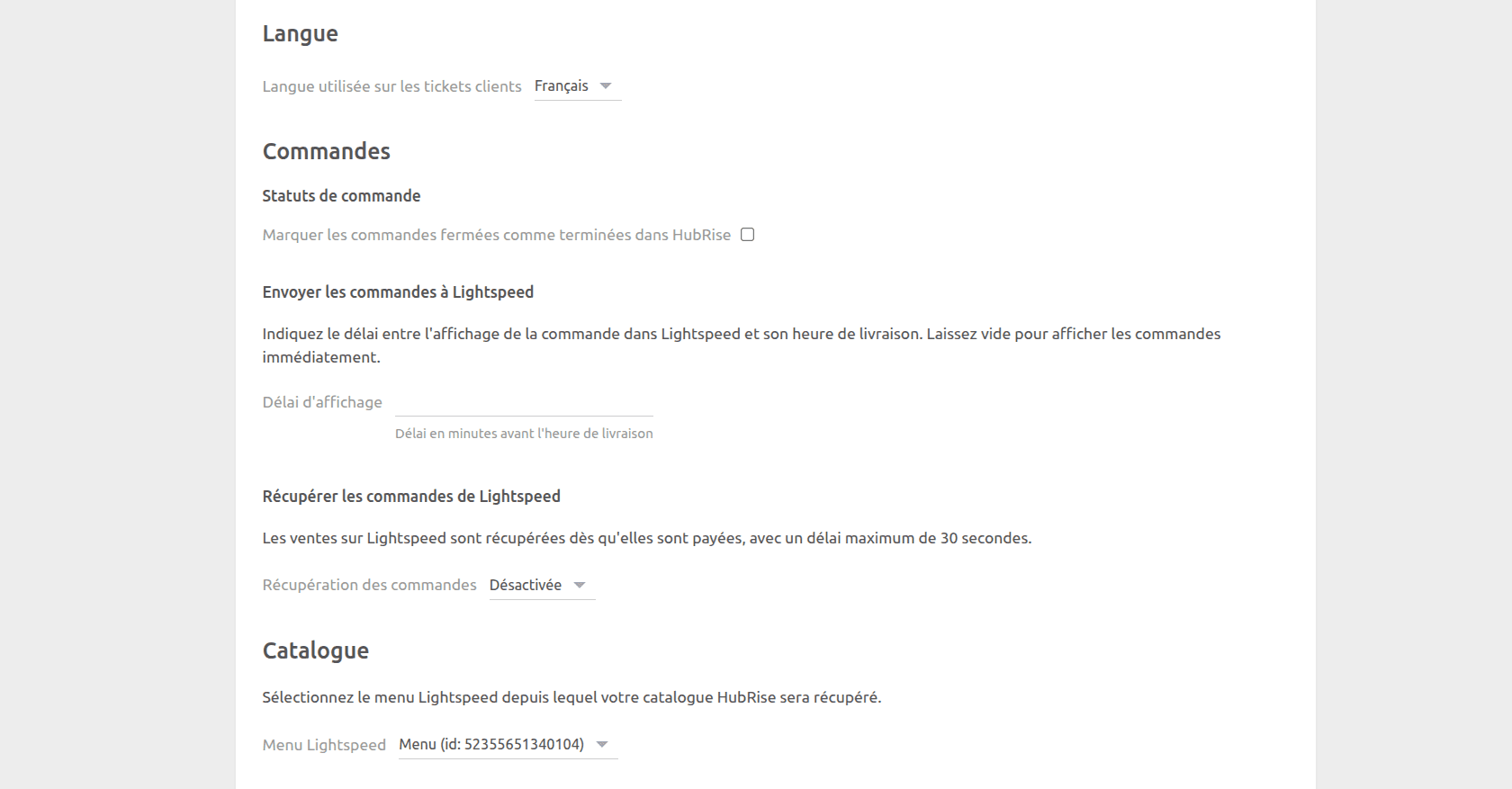 Page de configuration de Lightspeed Restaurant Bridge