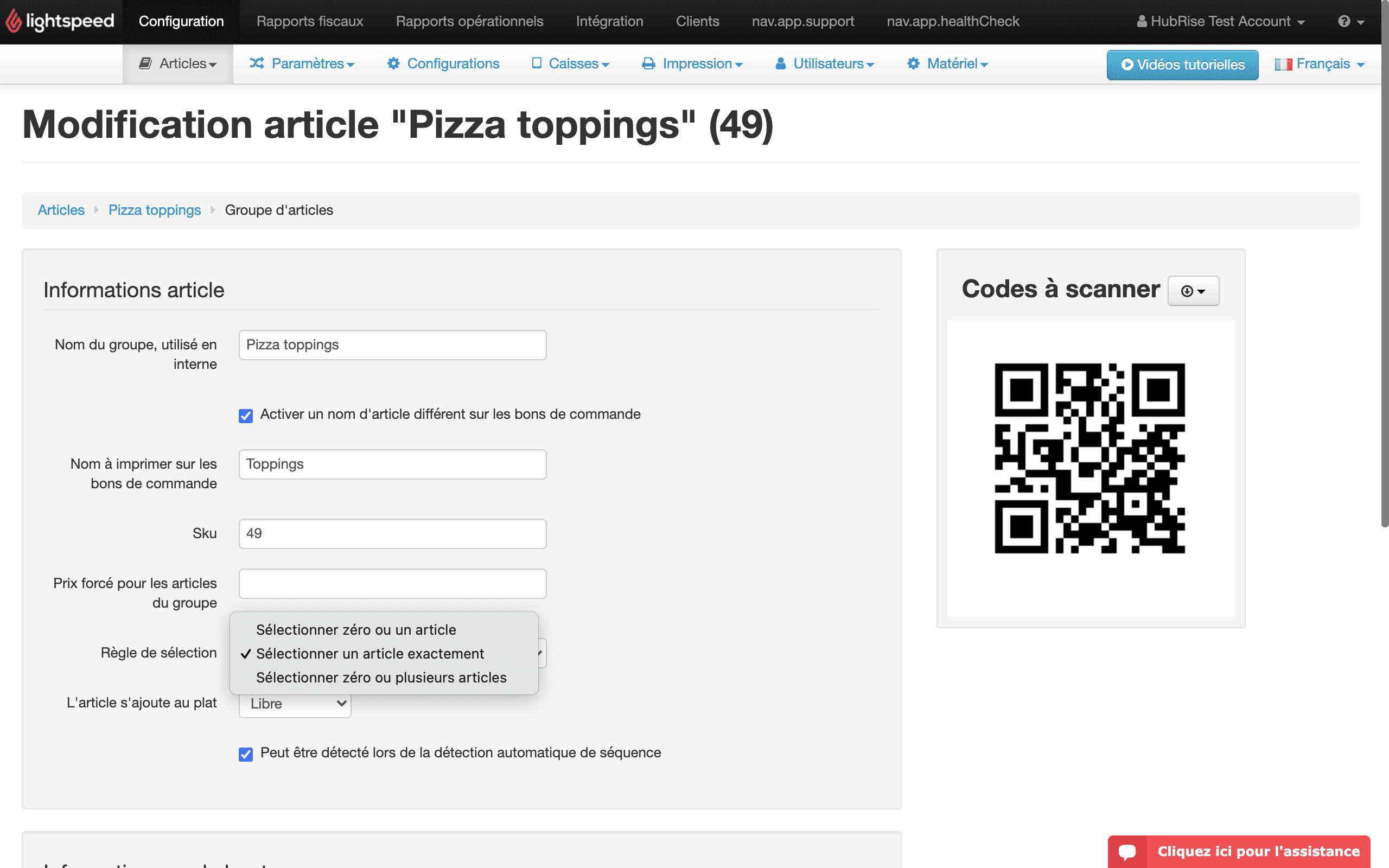 Règle de sélection dans le back-office Lightspeed
