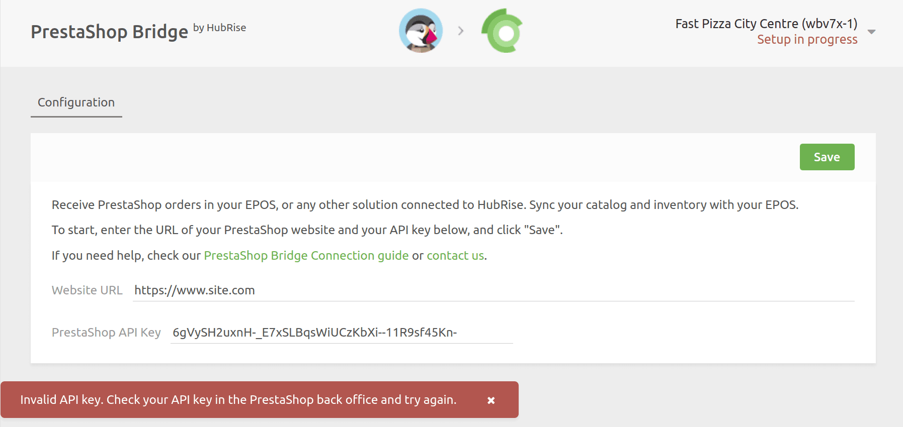 Invalid API Key on PrestaShop Bridge