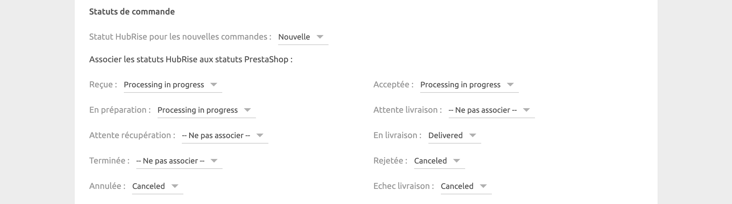 Page de configuration PrestaShop Bridge, Statuts de commande