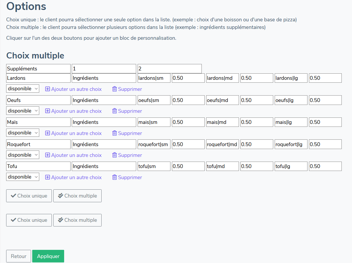 Associer les codes ref - Codes ref option à choix multiple