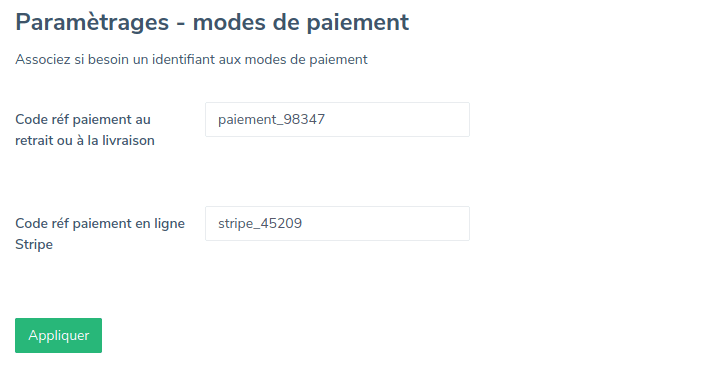 Associer les codes ref - Modes de paiement