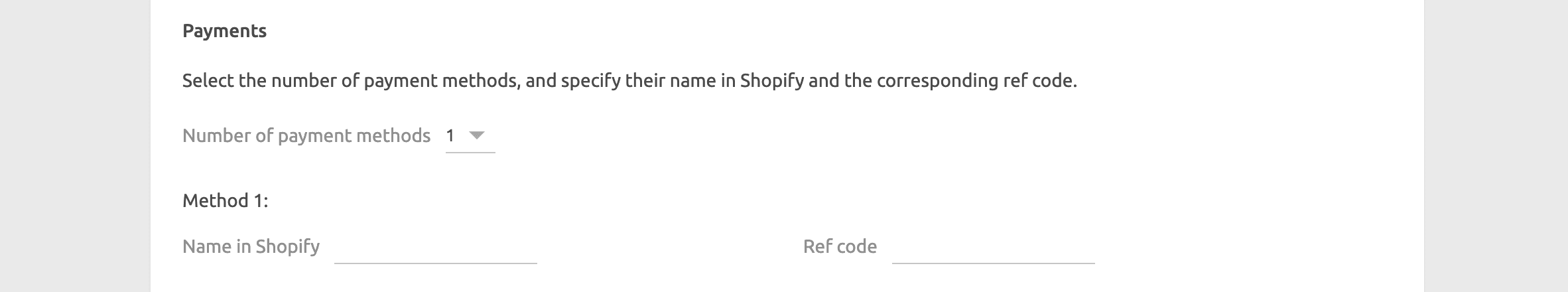 Shopify Bridge configuration page, payment type
