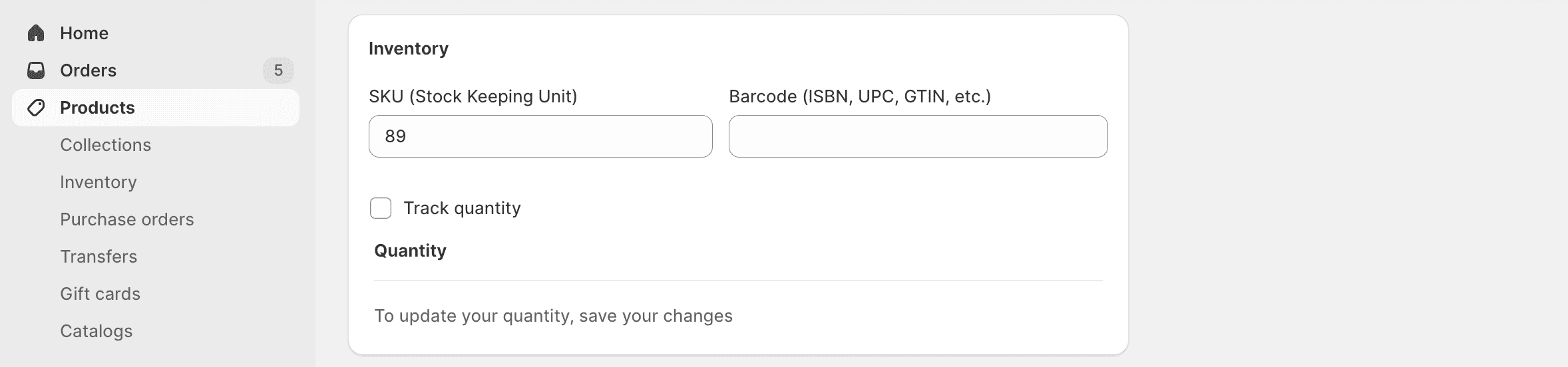 Entering the ref code in the SKU field for a Shopify product