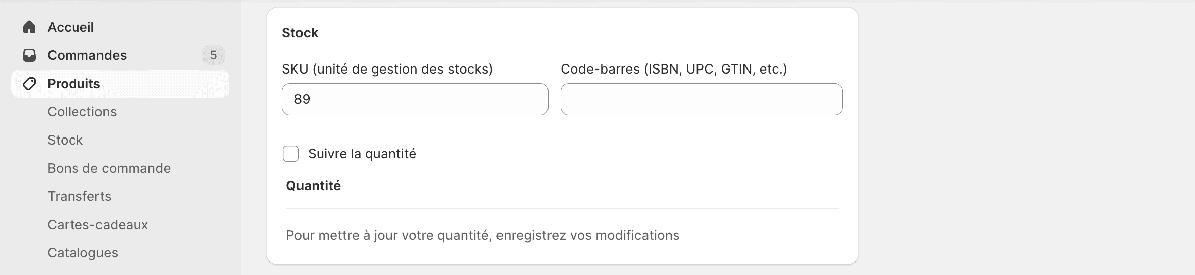Saisie du code ref dans le champ SKU pour un produit Shopify