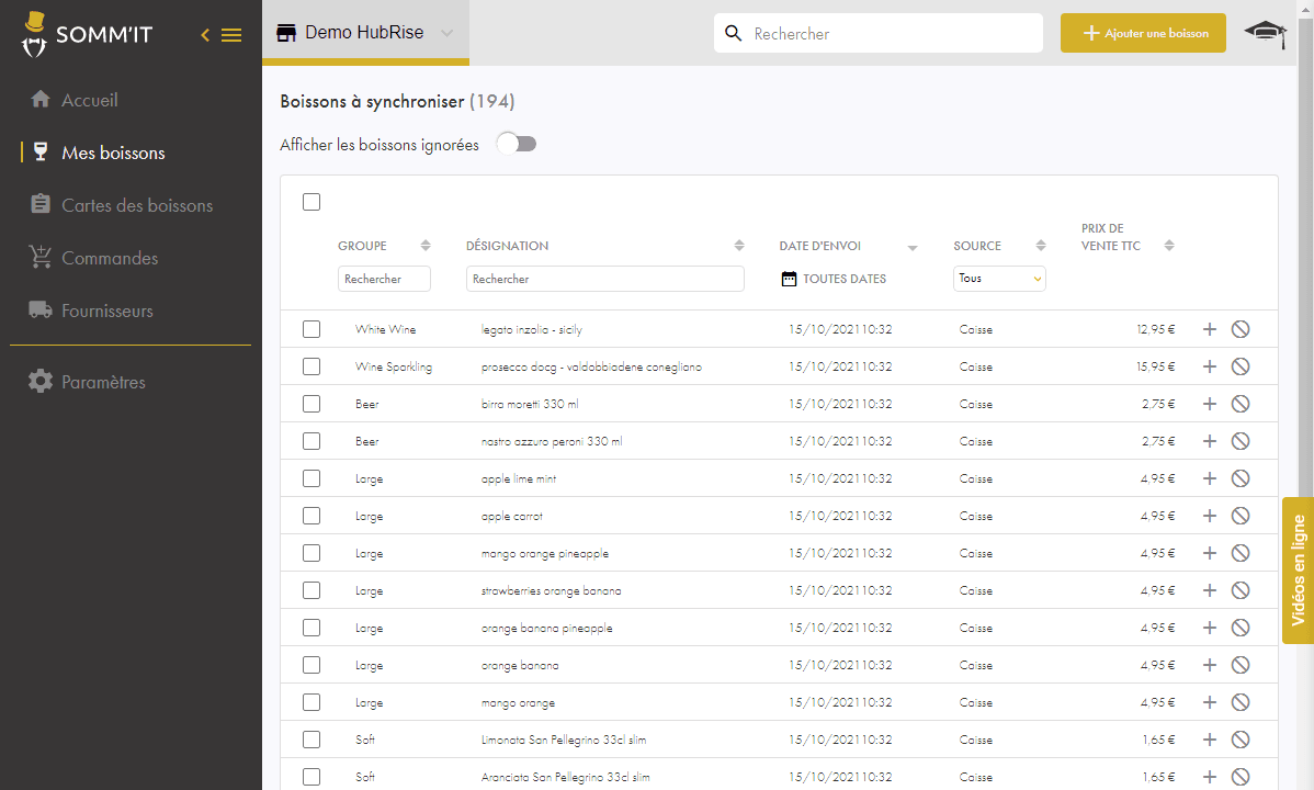 Mes boissons - Références à synchroniser