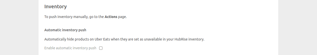 Uber Eats Bridge configuration page inventory section