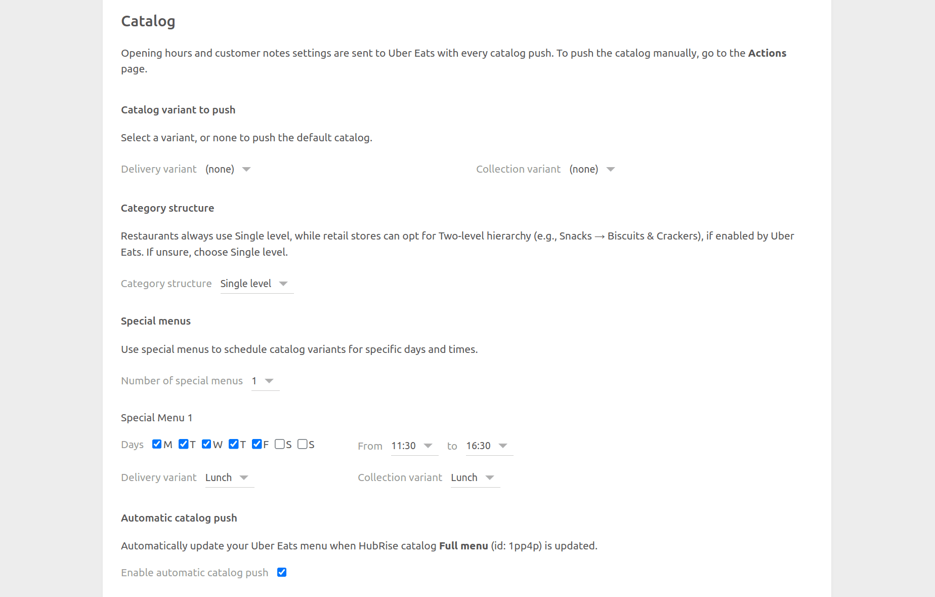 Uber Eats Bridge configuration page, Catalog section