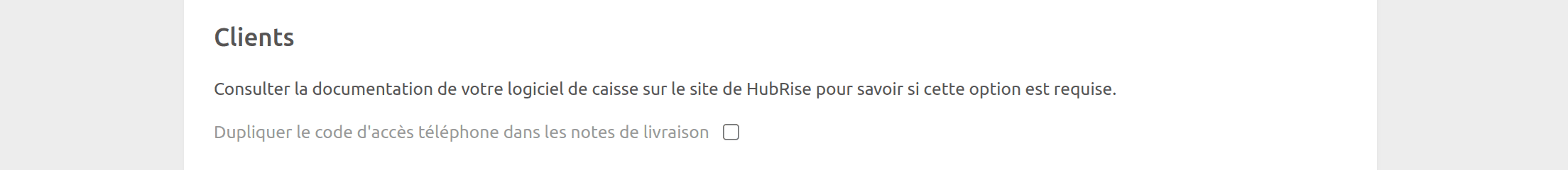 Page de configuration Uber Eats Bridge, section Clients