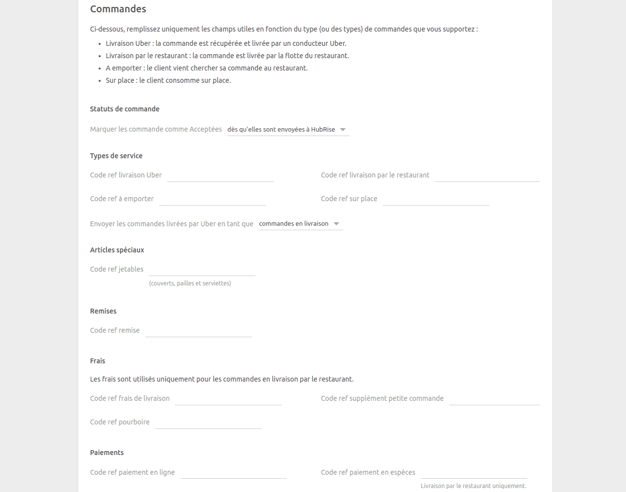 Page de configuration Uber Eats Bridge, section Commandes