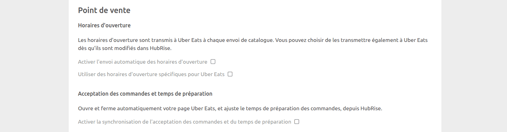 Page de configuration Uber Eats Bridge, section Point de vente