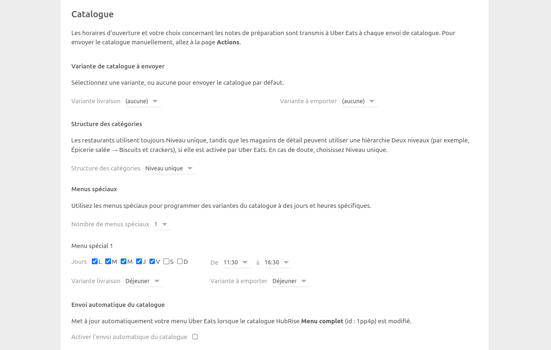 Page de configuration Uber Eats Bridge, section Catalogue