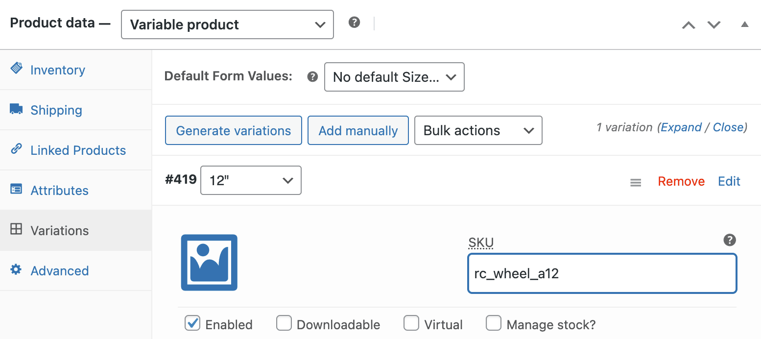 Entering the ref code in the SKU field for a WooCommerce variation