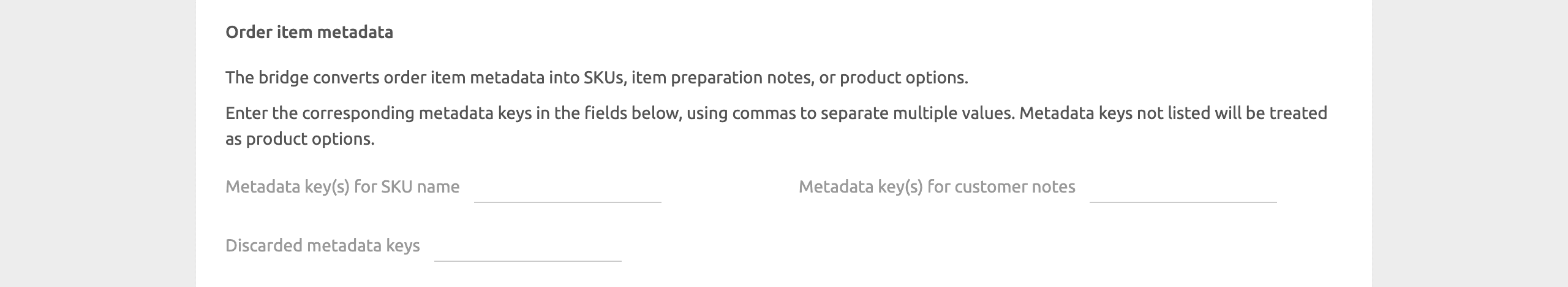 WooCommerce Bridge configuration page, item metadata