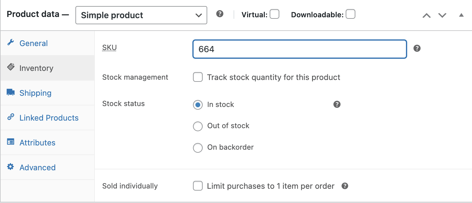 Entering the ref code in the SKU field for a WooCommerce product