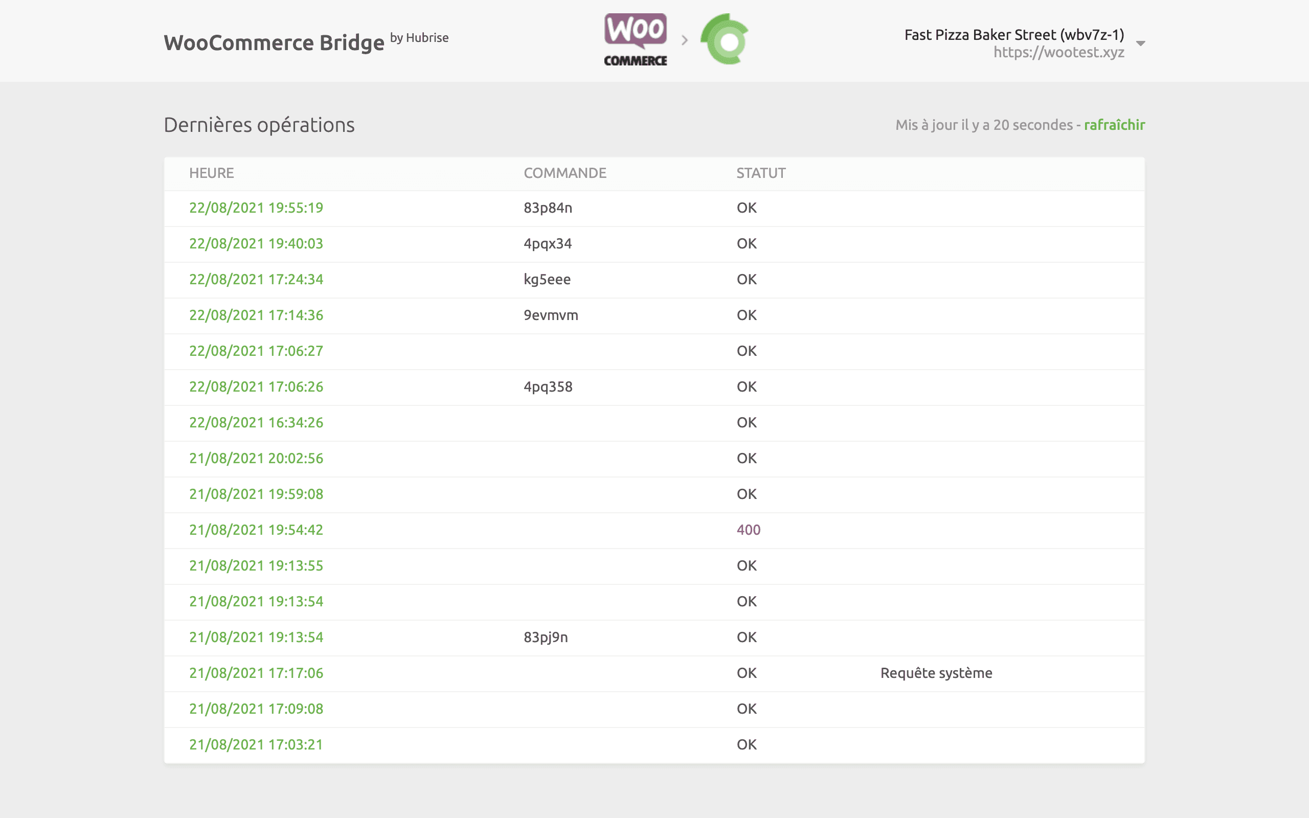 Page des opérations de WooCommerce Bridge, développé par HubRise
