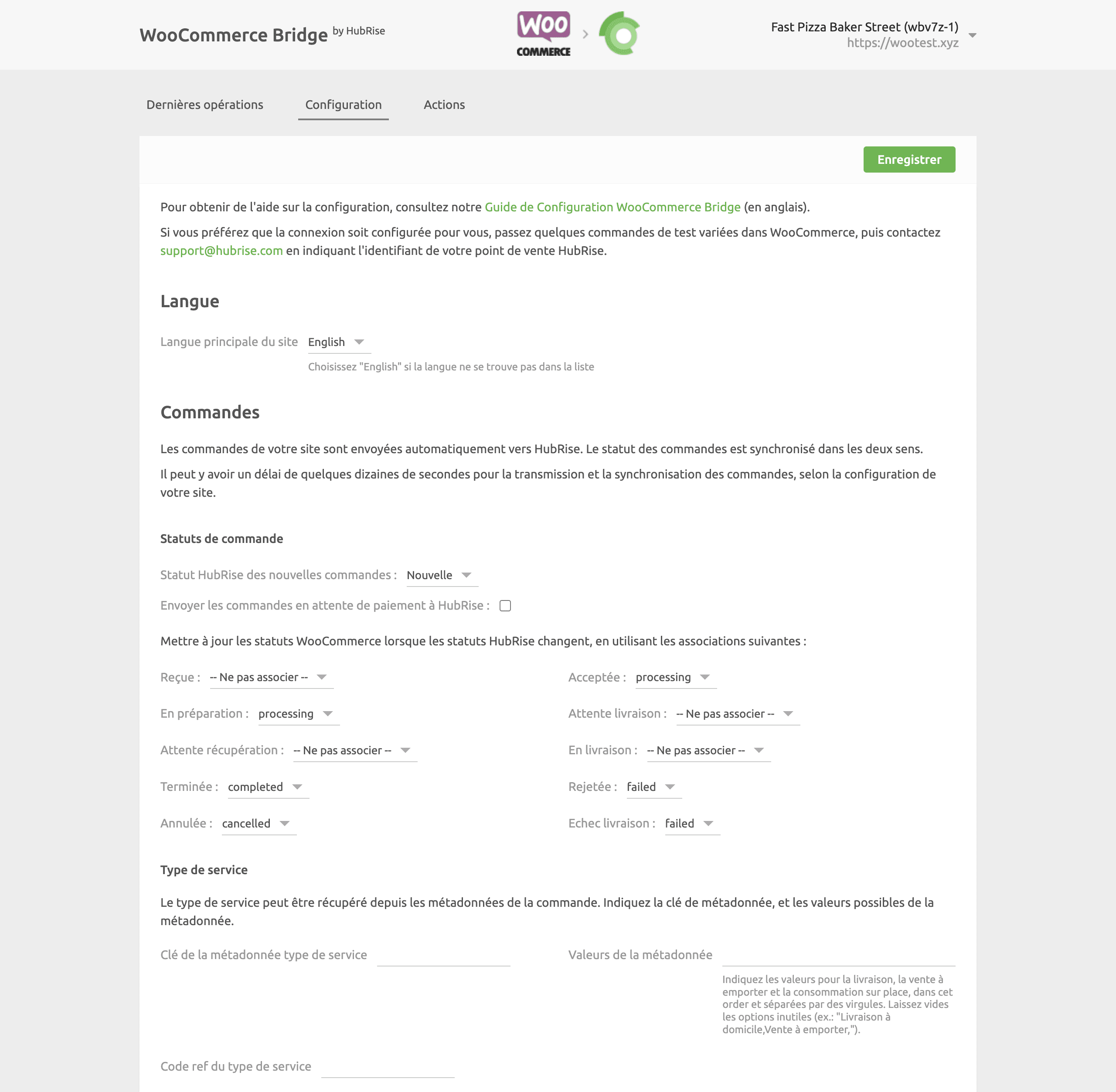 Page de configuration WooCommerce Bridge