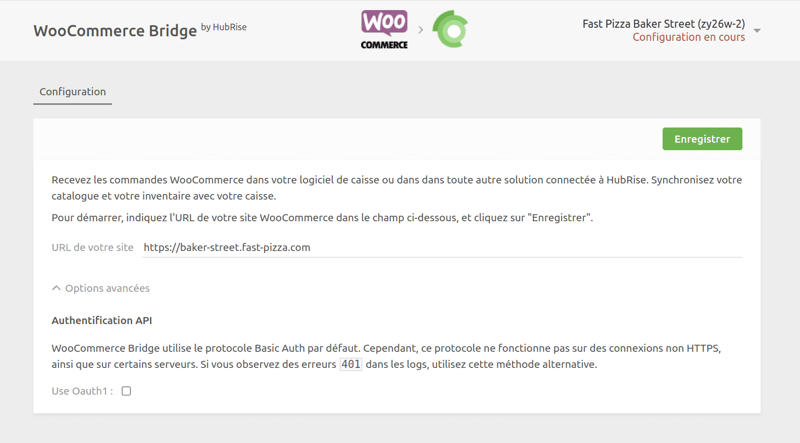 Option OAuth1 dans WooCommerce Bridge