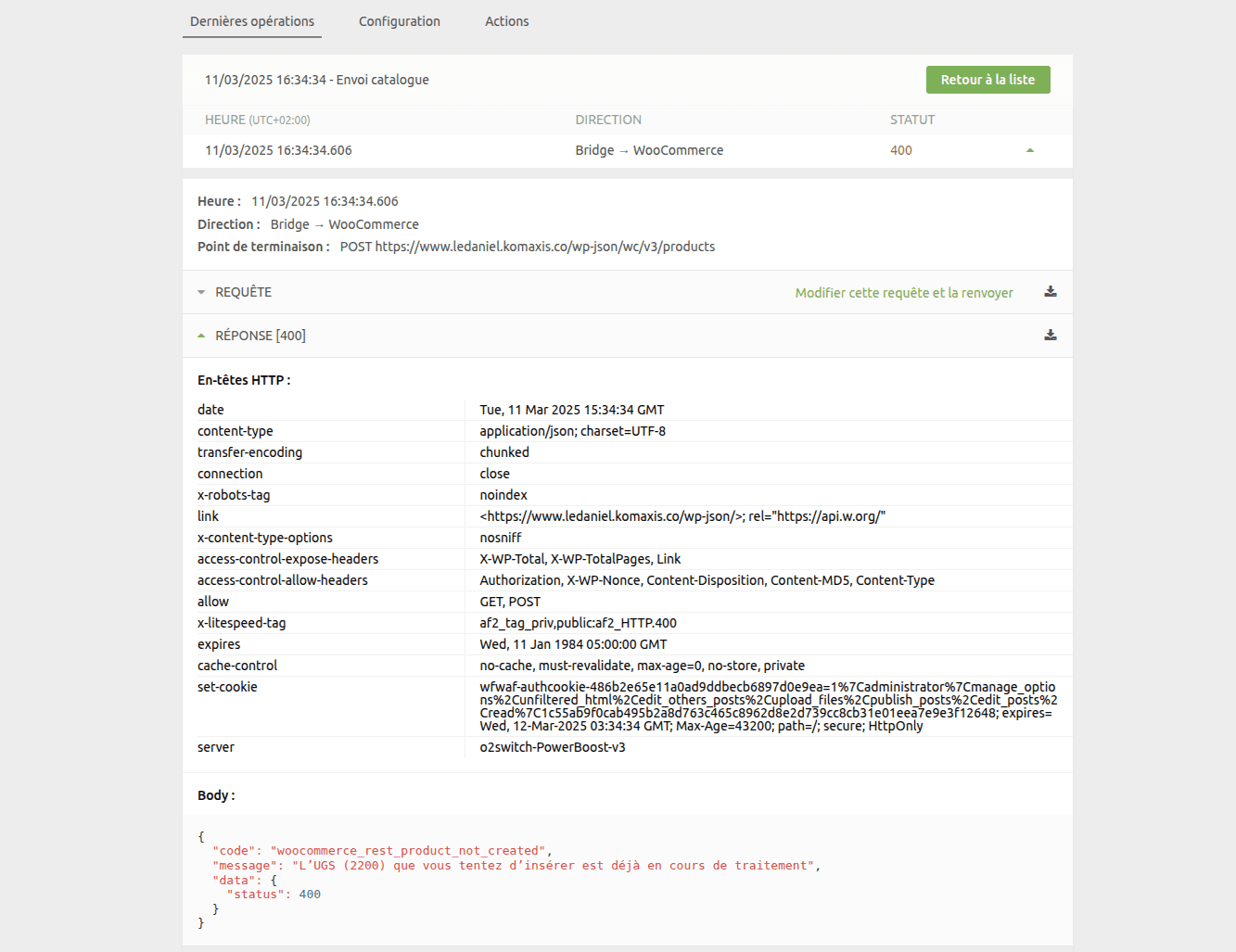 Réponse d'erreur d'envoi du catalogue montrant woocommerce_rest_product_not_created