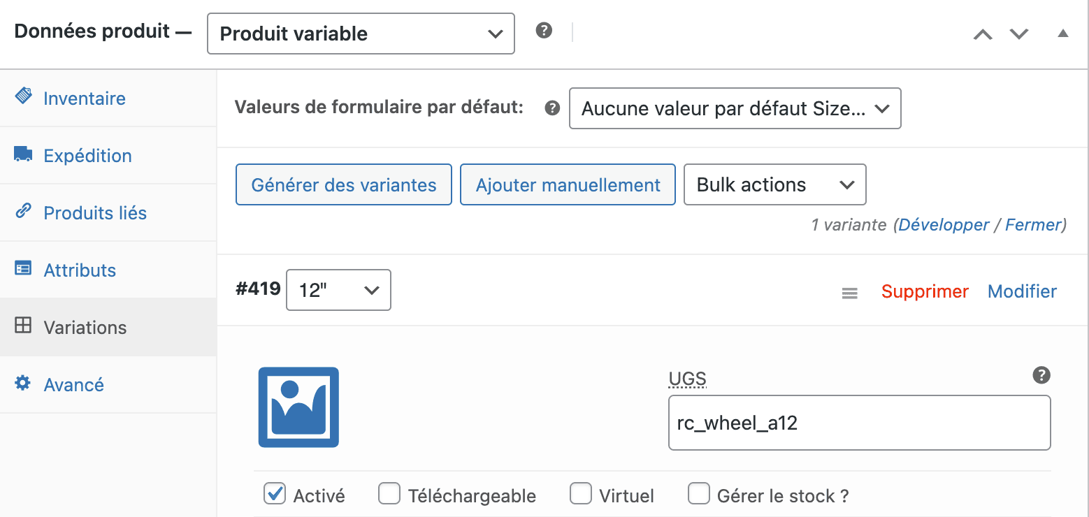 Saisie du code ref dans le champ SKU pour une variante WooCommerce