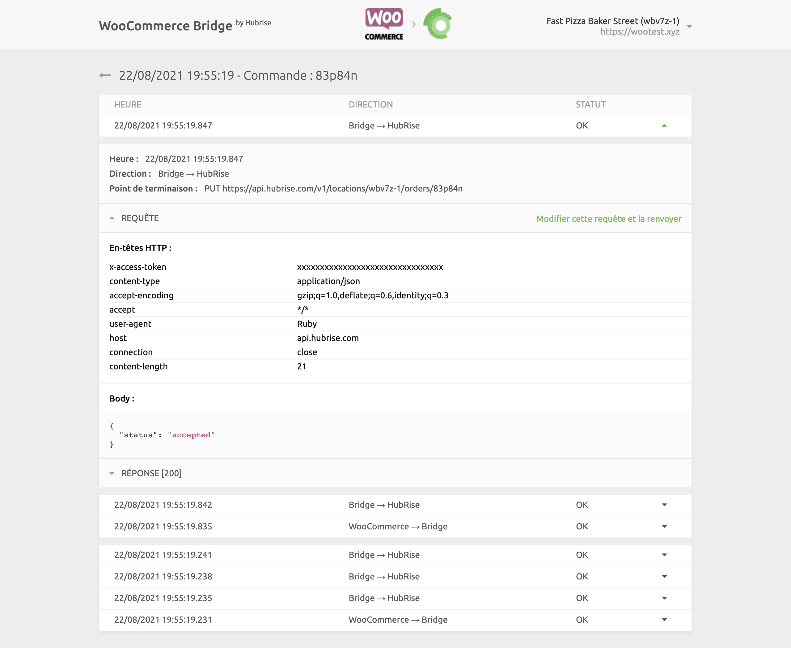Page des journaux de commande sur WooCommerce Bridge