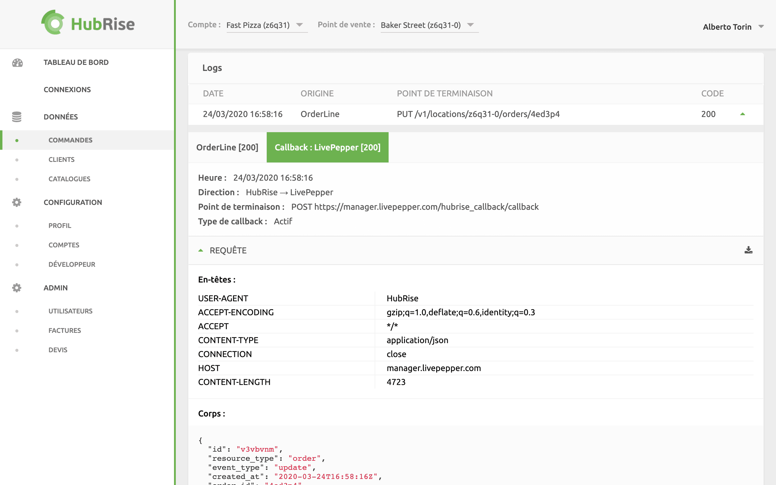 Composantes des requêtes d'API dans HubRise